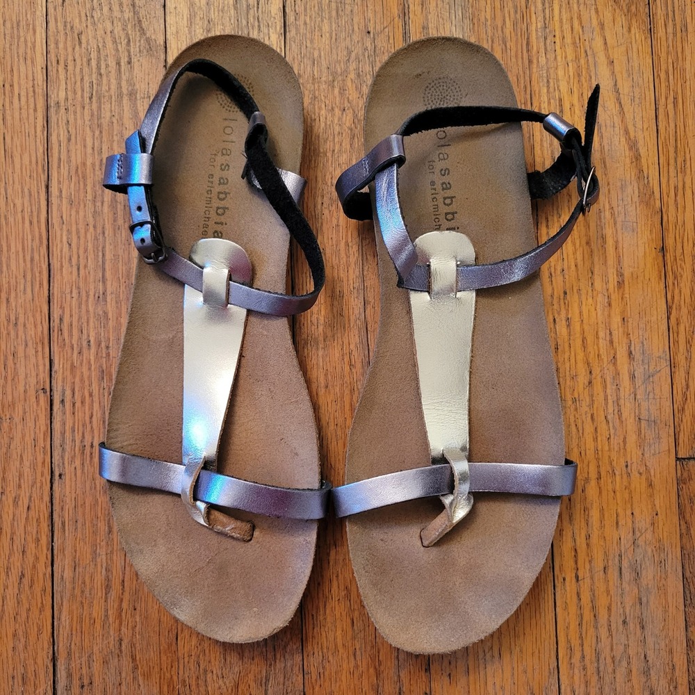 Lola Sabbia 9.5 10 Eric Michael 40 Sandals Silver Leather T Strap Cork Comfort